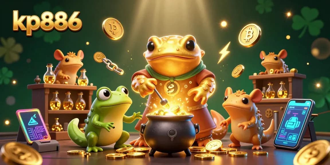 Win big with kp886 in a rich 3D illustration full of golden coins and alchemists.