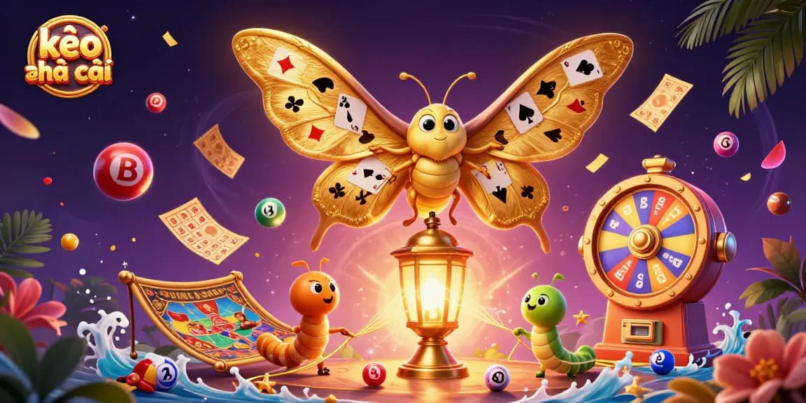 Bet on kèo nhà cái with colorful lottery elements surrounding a golden moth illustration.