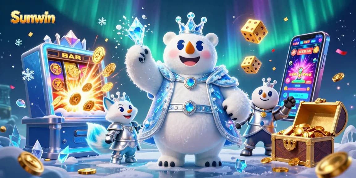Sunwin offers thrilling casino experiences with a captivating polar bear and snow fox in a magical scene.