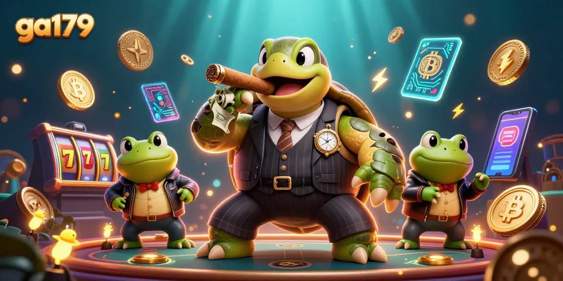 Engage in gaming excitement at ga179 with a unique crypto casino scene featuring a snapping turtle and bullfrog enforcers.