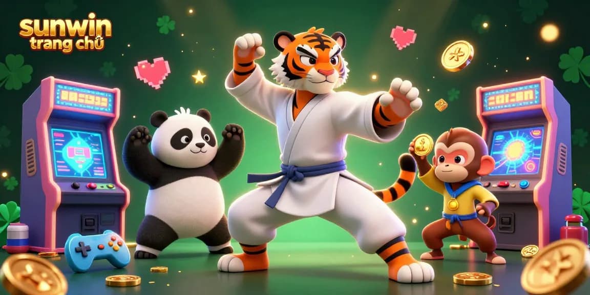 Experience the thrill of sunwin trang chủ with a dynamic 3D illustration of playful characters amidst vibrant gaming elements.