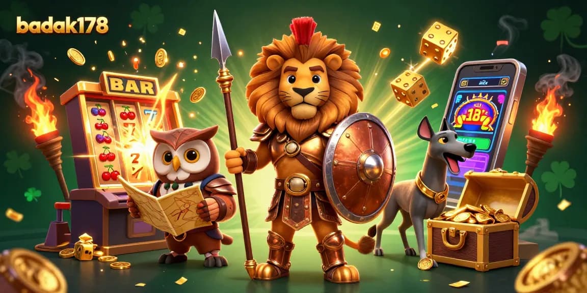 Engage with badak178's vibrant 3D casino action featuring a Spartan lion, owl strategist, and greyhound messenger in a dynamic gaming scene.
