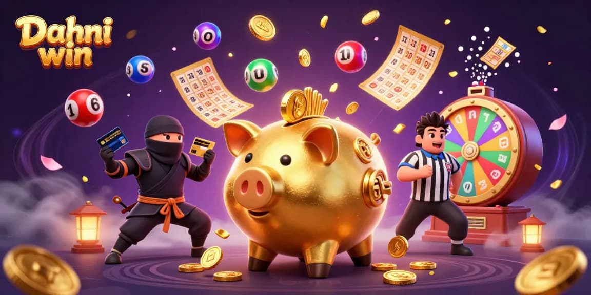 Dive into excitement with Dhani win's vibrant lottery balls and thrilling casino action featuring colorful characters.