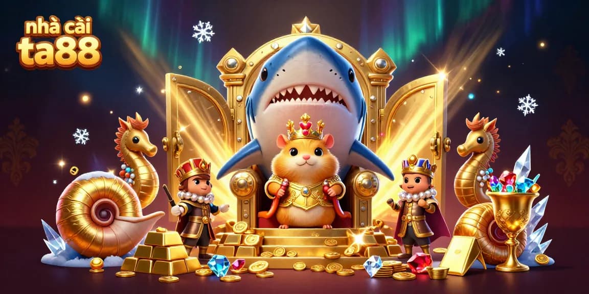 Play with excitement at nhà cái ta88, featuring a golden hamster king and treasure in a vibrant 3D casino scene.