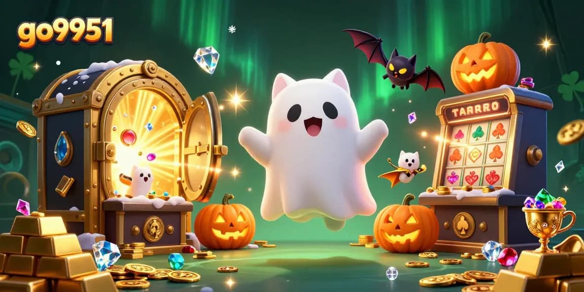 Experience the thrill at go9951 with our colorful casino-themed illustration featuring a ghost cat and vibrant treasures.