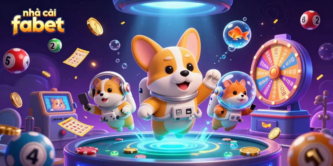 Join the action at nhà cái fabet with a floating corgi in a space casino, vibrant game elements all around.