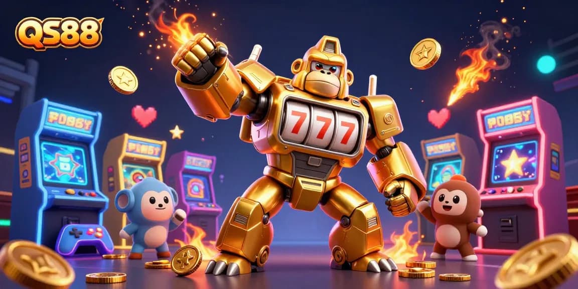 Experience thrilling wins with QS88's golden gorilla mech in a vibrant casino showdown.