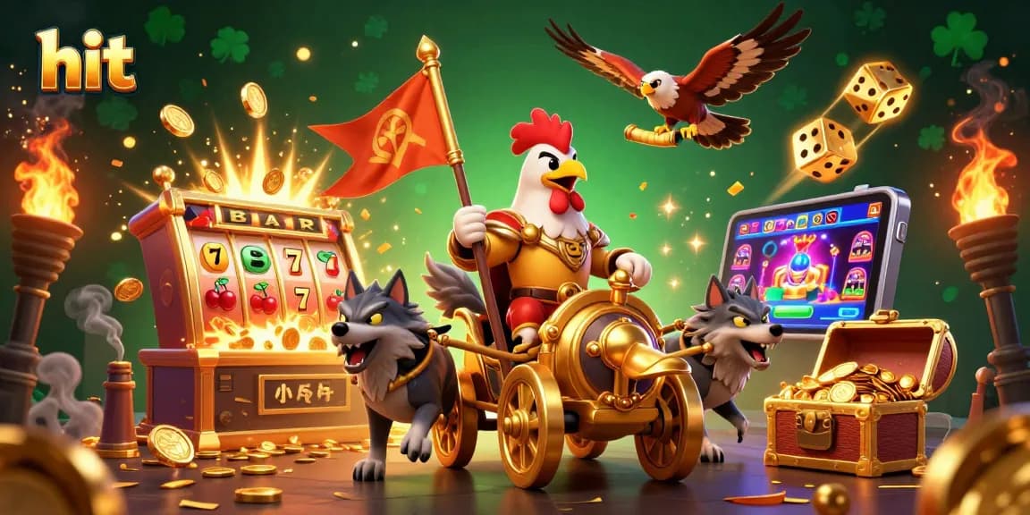 Hit the jackpot with an exciting 3D casino illustration featuring a golden war chariot and a rooster!