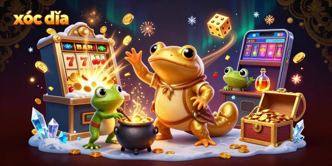 Xóc đĩa game scene featuring a golden salamander and frog alchemist surrounded by casino elements and treasures.