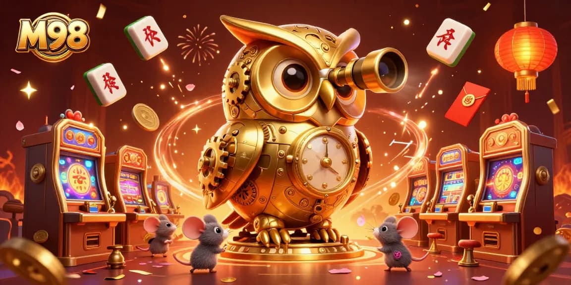 M98 enhances gameplay with exciting 3D gaming elements featuring an animated cartoon owl scanning a lively casino floor.
