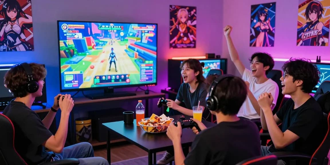 Excited gamers enjoying an ecchi game night with controllers and snacks.