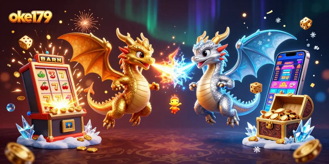 Experience thrilling moments at oke179 with dynamic dragons and casino elements in a vibrant 3D illustration.