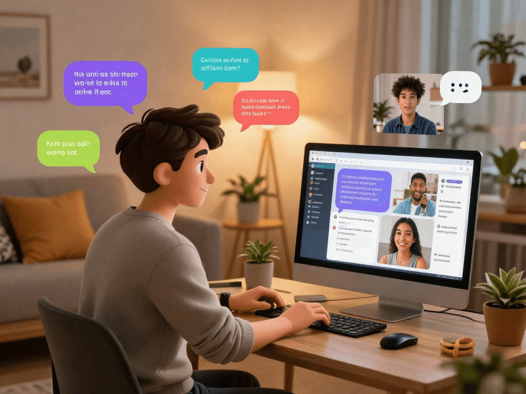 AI sex chat animated scene with diverse users engaging in playful conversations in cozy settings, showcasing digital intimacy