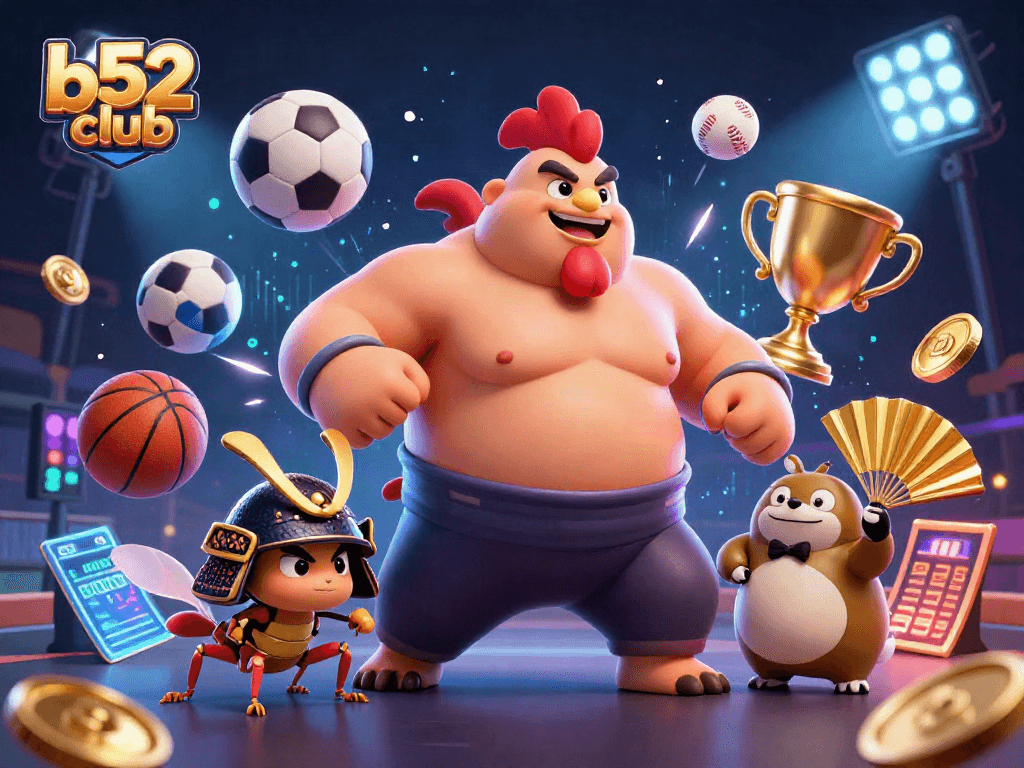b52 club showcases a dynamic clash of gaming icons with a powerful sumo rooster and fierce samurai cricket
