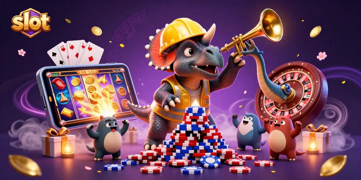 Experience thrilling slot action with a playful triceratops and vibrant casino elements.