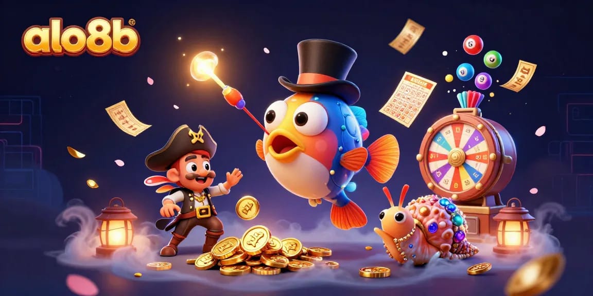 Engage with the thrilling world of alo8b as a 3D anglerfish attracts golden coins, enhancing your gaming adventure.