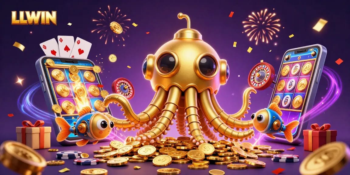 LLWIN platform showcasing a vibrant, fantasy-inspired 3D casino atmosphere with golden coins and a magical kraken.