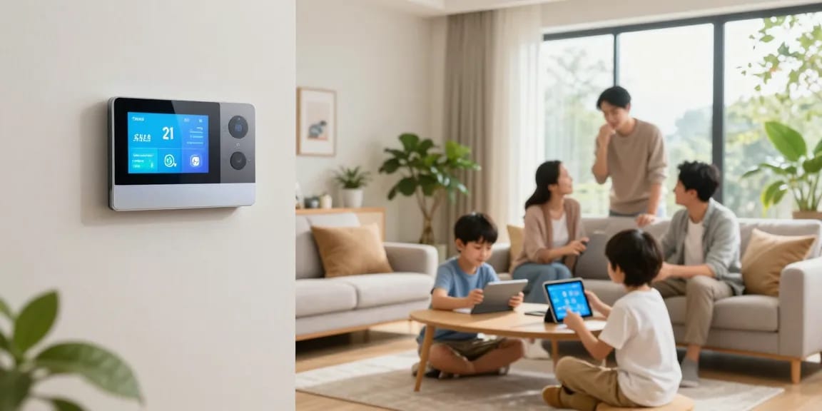 Family enjoying the benefits of a smart thermostat in a modern home setting.