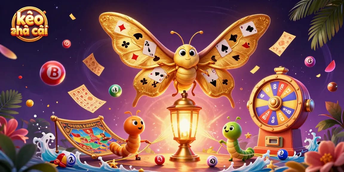 Bet on kèo nhà cái with colorful lottery elements surrounding a golden moth illustration.