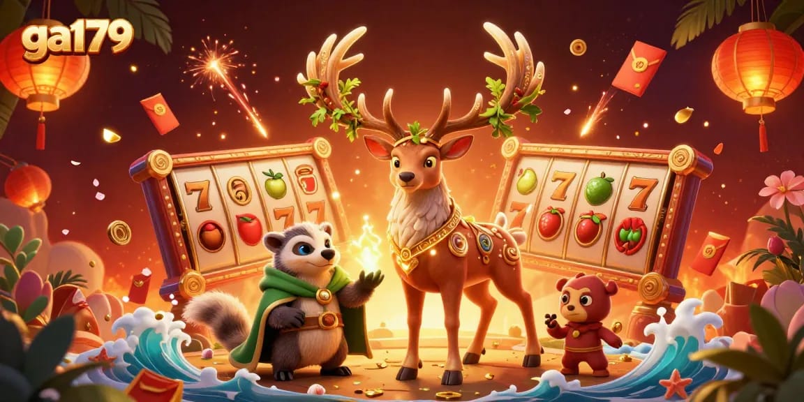 Ga179 engaging with vibrant slot reels, celtic druid stag, and riches in a lively casino scene