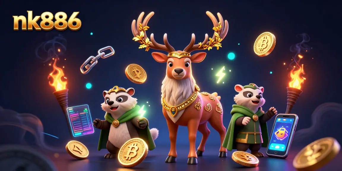 Play thrilling games at nk886 with 3D poker elements, enchanting characters, and glowing crypto details.