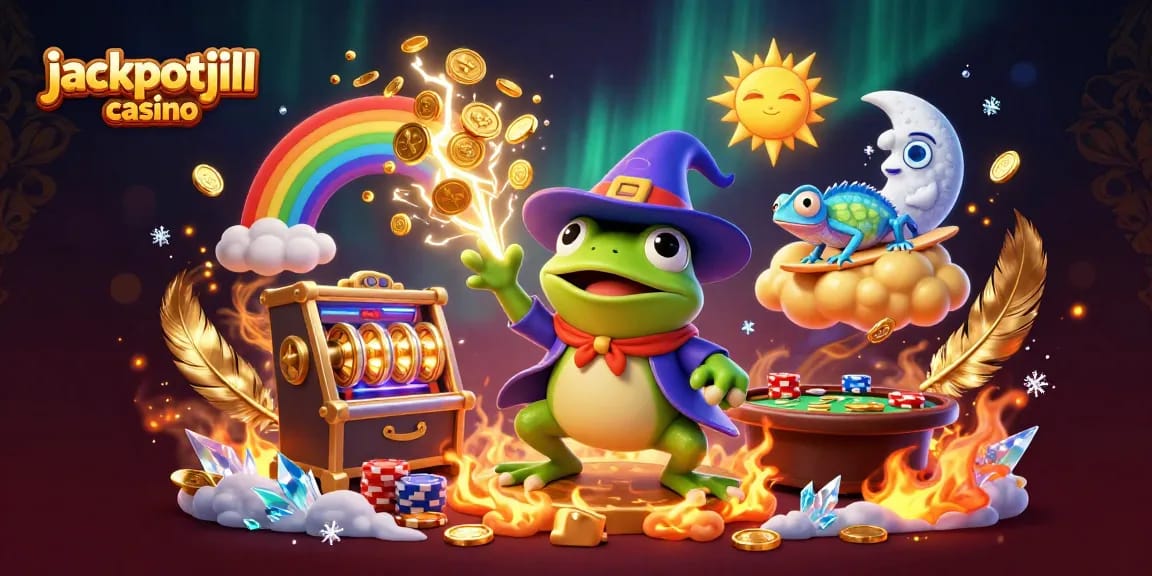 Engage with jackpotjill casino's vibrant 3D illustration showcasing a magical storm of coins and slot excitement.