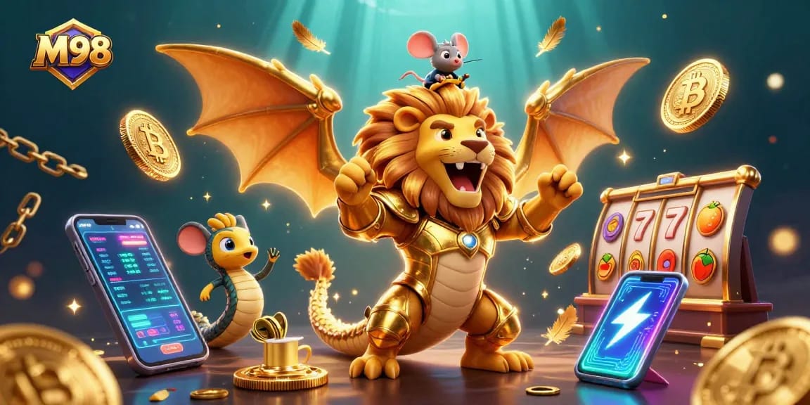 M98 players explore slot games with a chimera creature and captivating crypto elements.
