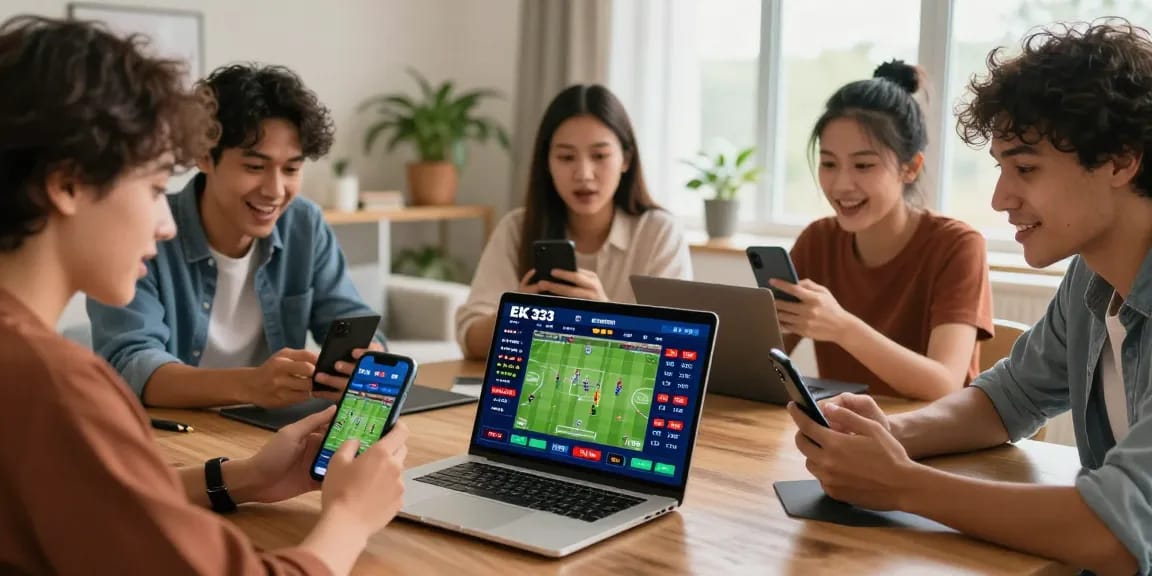 Players engaged in live betting on EK 333 platform with excitement in a bright home setting