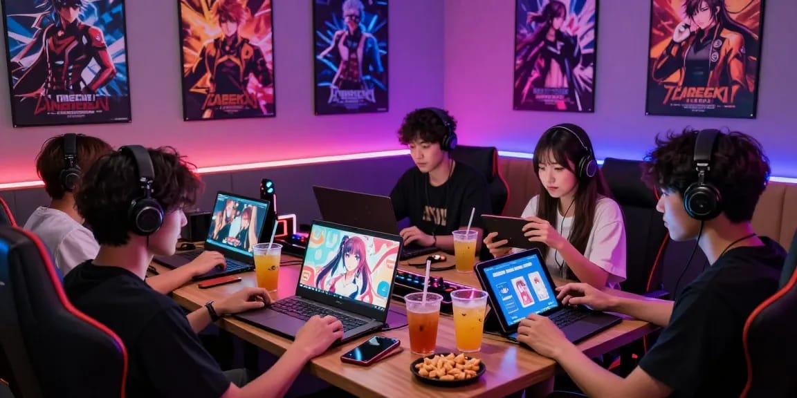 Friends enjoying a vibrant gaming lounge while playing a hentai game on tablets and smartphones.