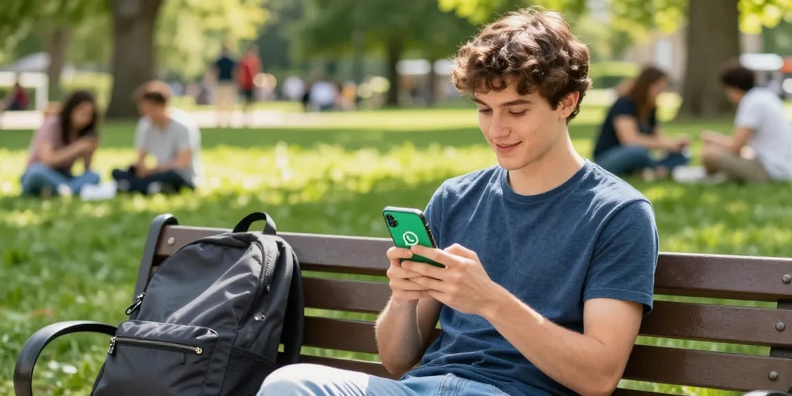 Engaging scene of a young adult using WhatsApp下載 on a smartphone in a vibrant park.