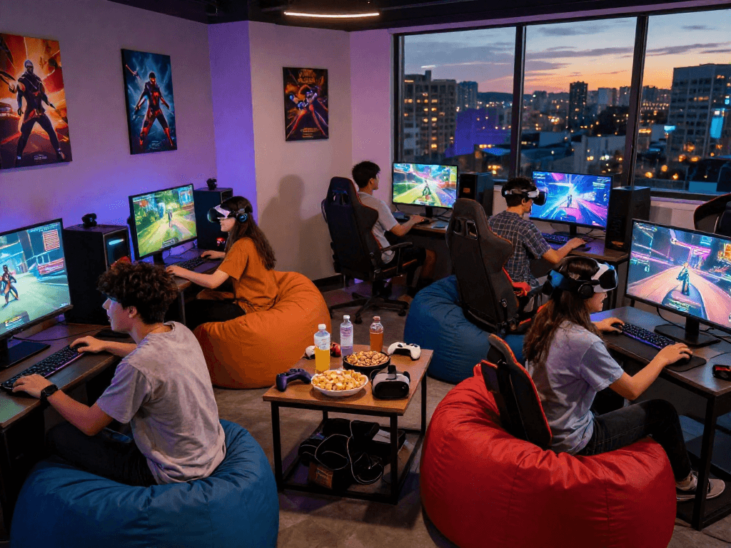 Group enjoying adult games in a vibrant gaming lounge, showcasing interactive experiences and fun.