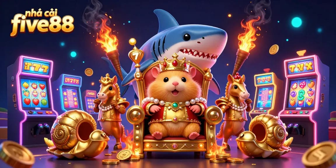 Engage with thrilling gameplay at nhà cái five88 featuring a golden hamster king on a megalodon throne surrounded by vibrant slot machines.
