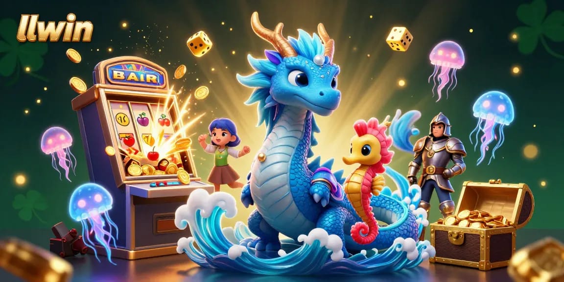 Experience thrilling jackpots with llwin's enchanting casino illustration featuring mythical creatures and vibrant gaming elements.
