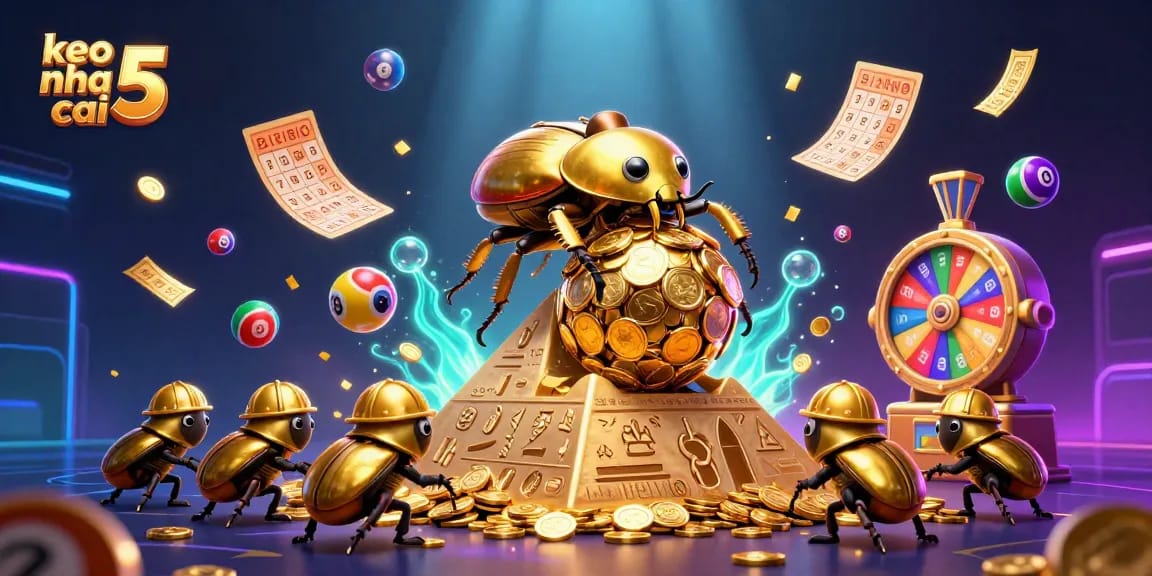Experience keo nha cai 5 with dynamic lottery elements and golden casino symbols in a vibrant 3D scene.