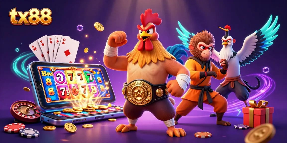 Experience thrilling tx88 slots with cartoon characters in a vibrant casino atmosphere.