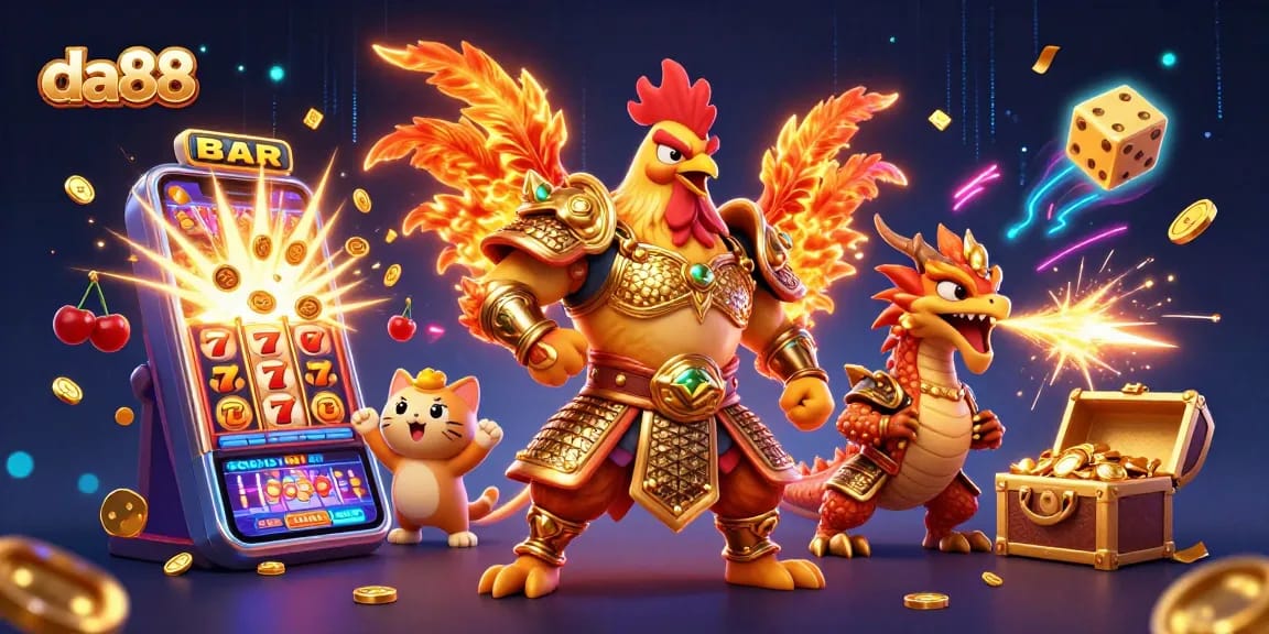 Engage with thrilling da88 slots, featuring a dynamic rooster warrior and golden dragon in action!