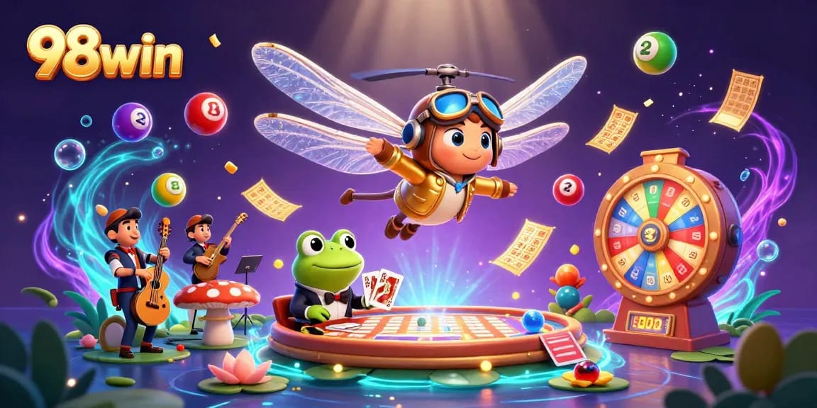 Experience thrilling games at 98win with a vibrant casino scene featuring colorful lottery balls and engaging characters.
