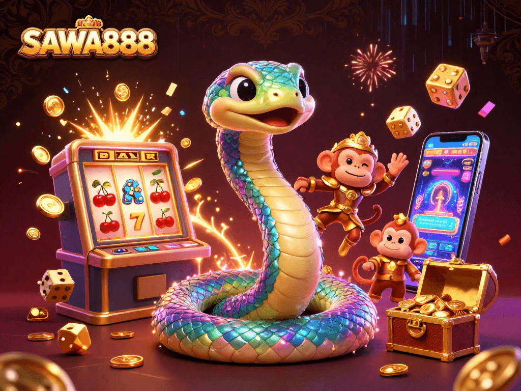 SAWA888 launches thrilling spins with a dynamic jackpot scene and vibrant casino elements.
