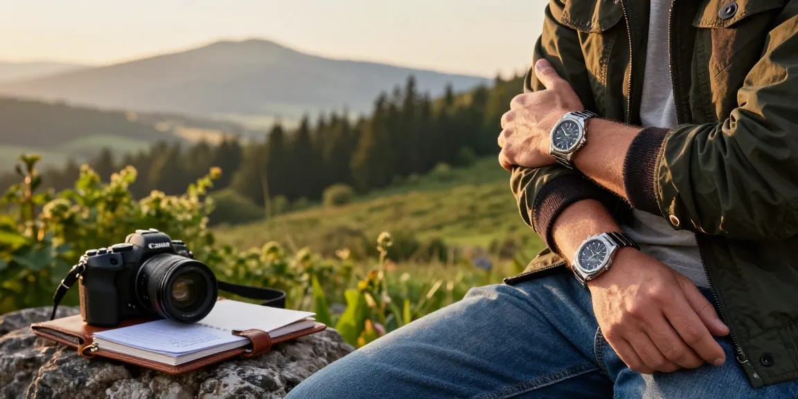 Stylish individual showcasing super clone watches outdoors at sunset.
