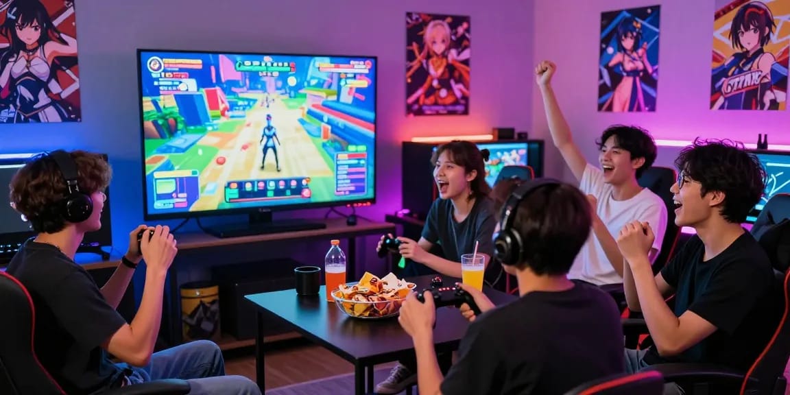 Excited gamers enjoying an ecchi game night with controllers and snacks.