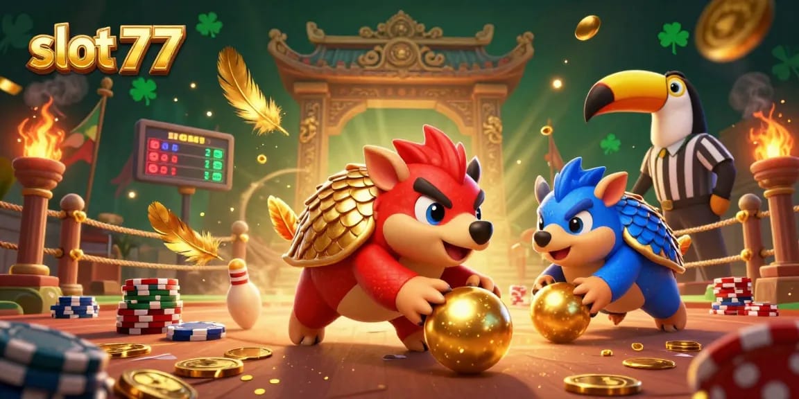 Engaging 3D scene of slot 777 rivalry with pangolins competing amidst poker chips and casino elements.