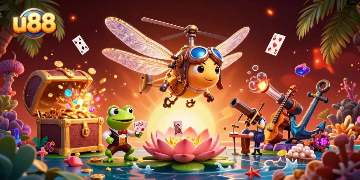 Experience thrilling gameplay at u88, featuring a lively lily pad casino scene with animated characters and casino elements.
