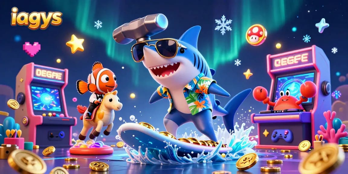 Experience excitement with iagyys, the vibrant casino scene featuring characters surfing on gold coins.
