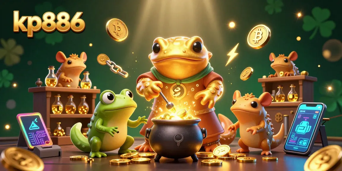 Win big with kp886 in a rich 3D illustration full of golden coins and alchemists.