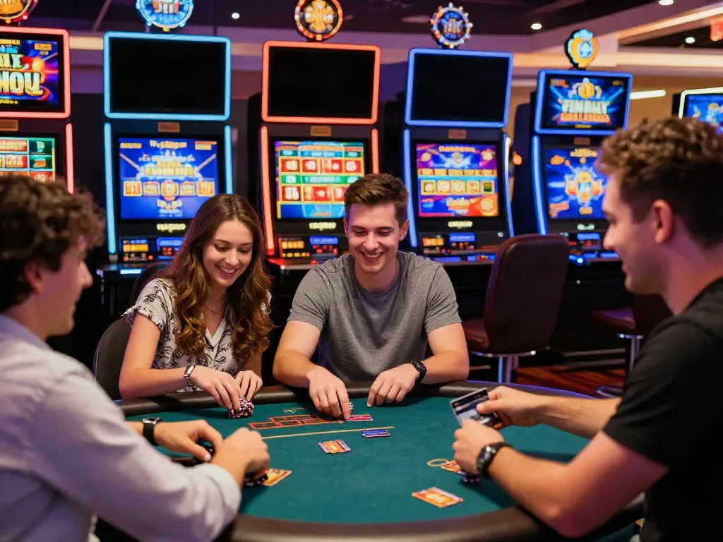 Players engaging with online casinos that accept credit card, immersed in games with vibrant lights.
