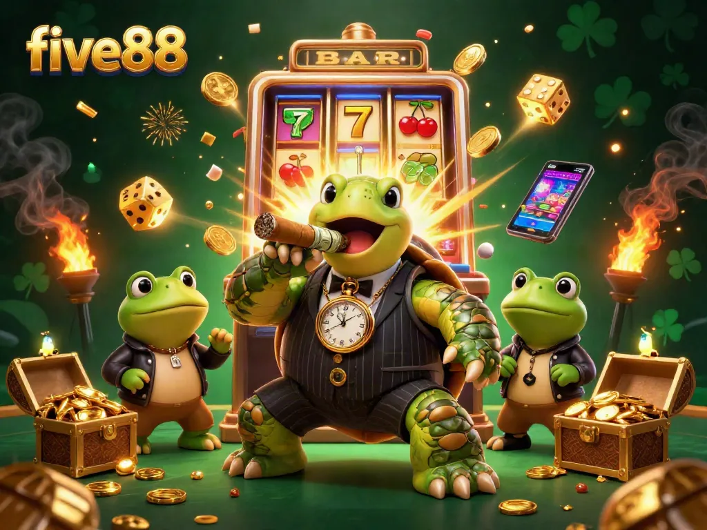 Experience thrill at five88 with a turtle mobster amidst vibrant casino games and jackpots.