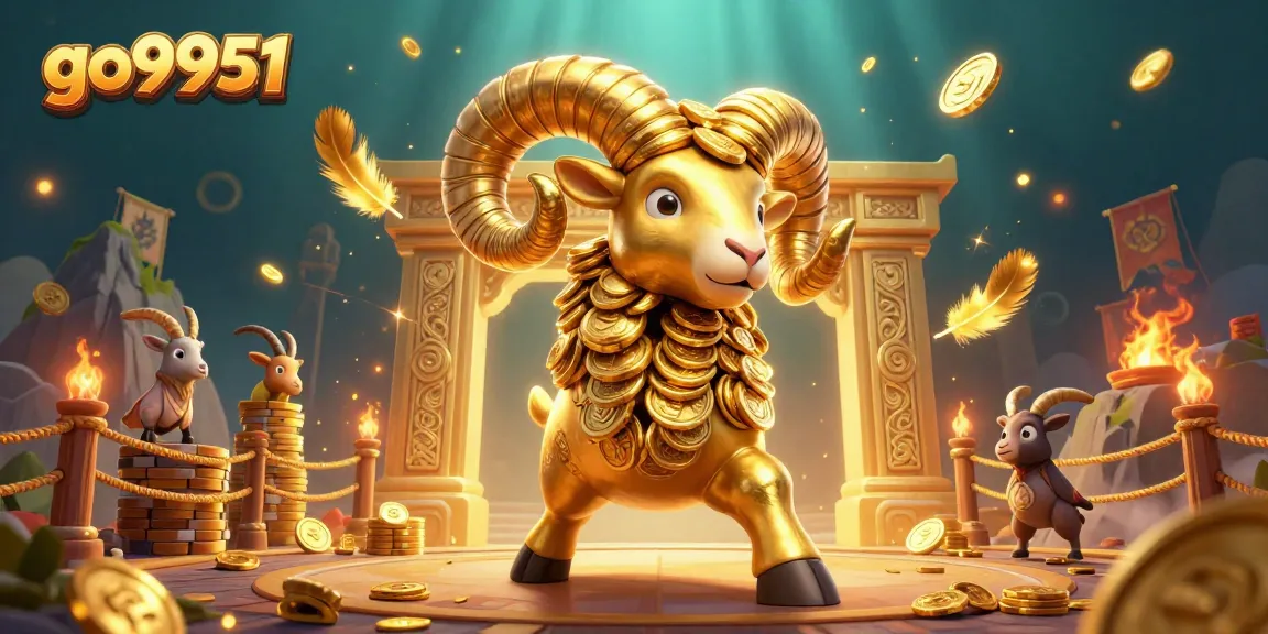 Experience the thrill of go9951's unique casino scene with a dynamic golden ram charging at a golden gate.
