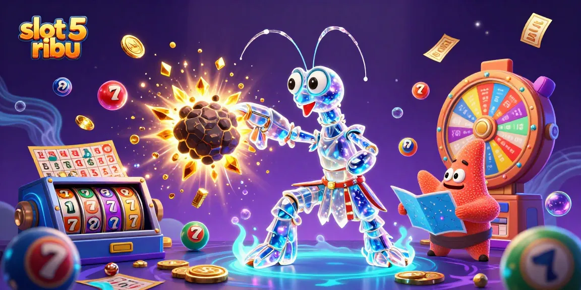 Win big with slot 5 ribu, featuring a galactic mantis shrimp and vibrant casino elements.
