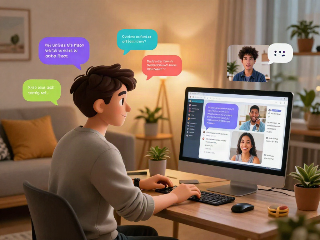 AI sex chat animated scene with diverse users engaging in playful conversations in cozy settings, showcasing digital intimacy