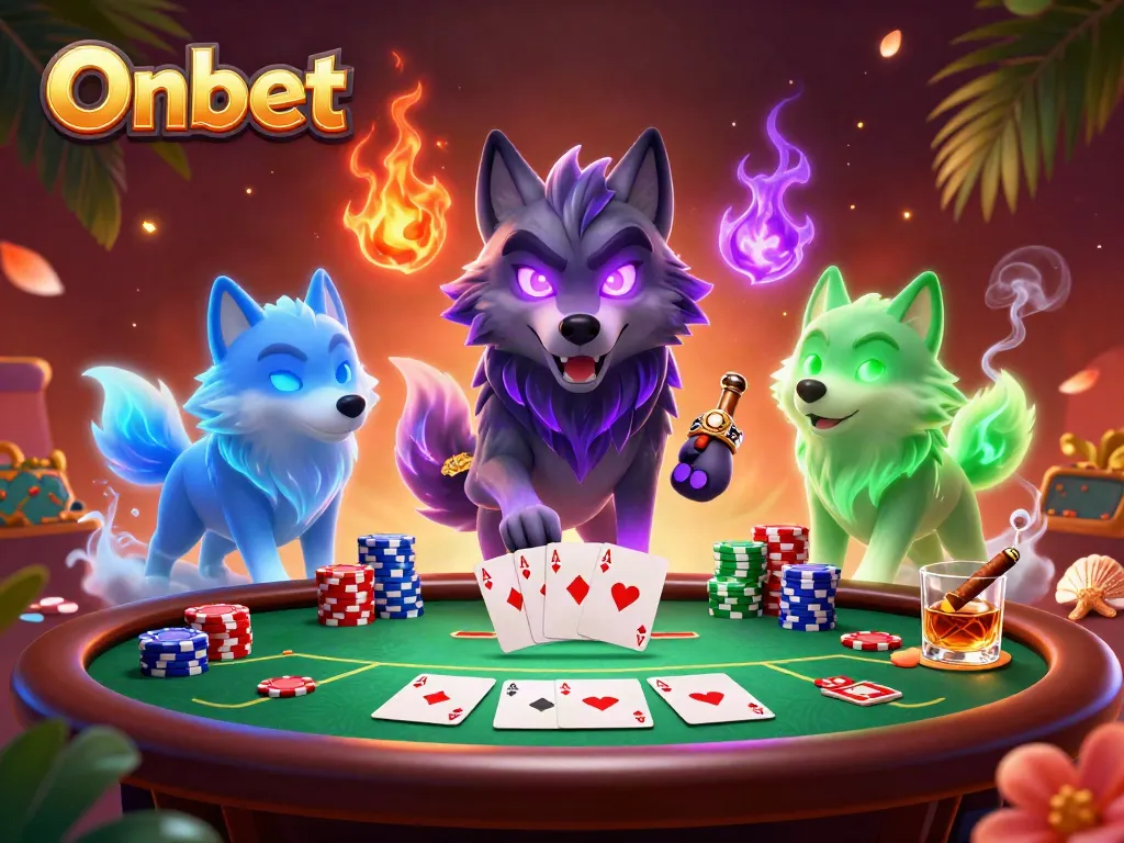 Experience thrilling poker action with Onbet's energetic wolf characters and casino elements.